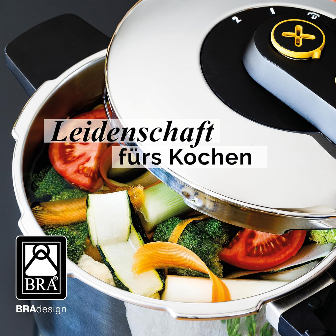 BRA Excellent | 6-Liter-Schnellkochtopf mit einfachem Öffnen, aus Edelstahl 18/10, mit 2 Kochprogram