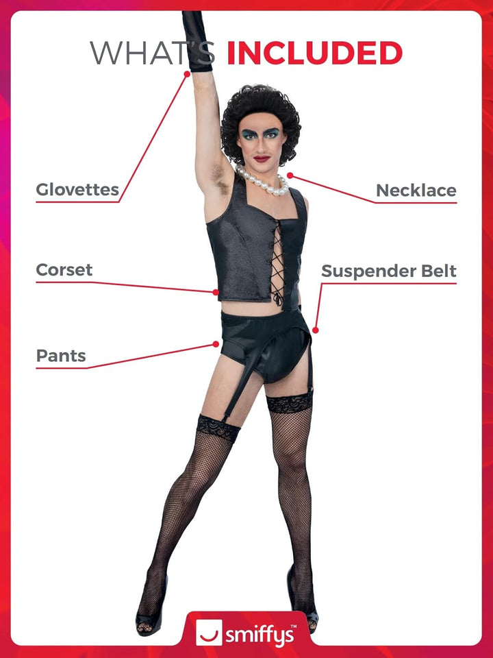 Smiffys Rocky Horror Show Frank N Furter Kostüm für Erwachsene, Korsett, Strapsgürtel, Hose, Handsch