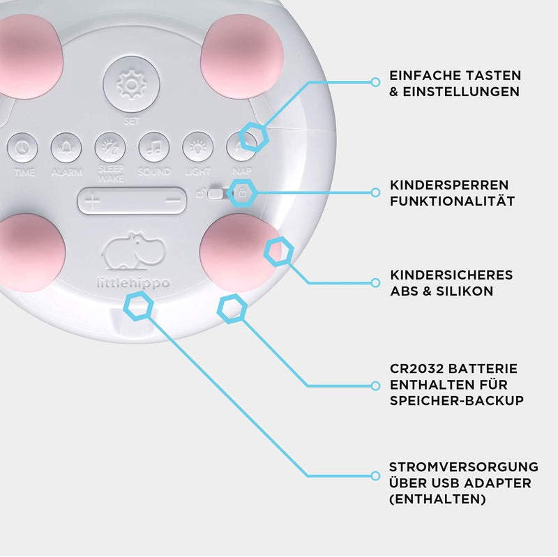 LittleHippo MELLA Ready to Rise Kinder-Schlaftrainer, Nachtlicht- und Soundmaschine (Brröten Rosa),