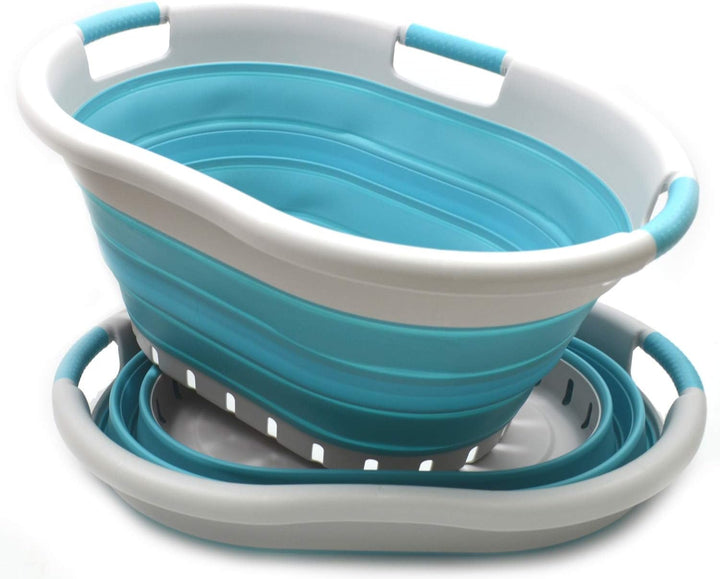 SAMMART 36L Collapsible 3 Handled Plastic Laundry Basket (Grau/Hellblau, 2) Grau/Hellblau 2, Grau/He