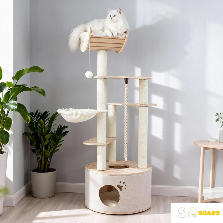 SOARS Kratzbaum, 141 cm Katzenbaum mit Höhle, Hängematte, gebogener Plattform, Hängebäll und waschba
