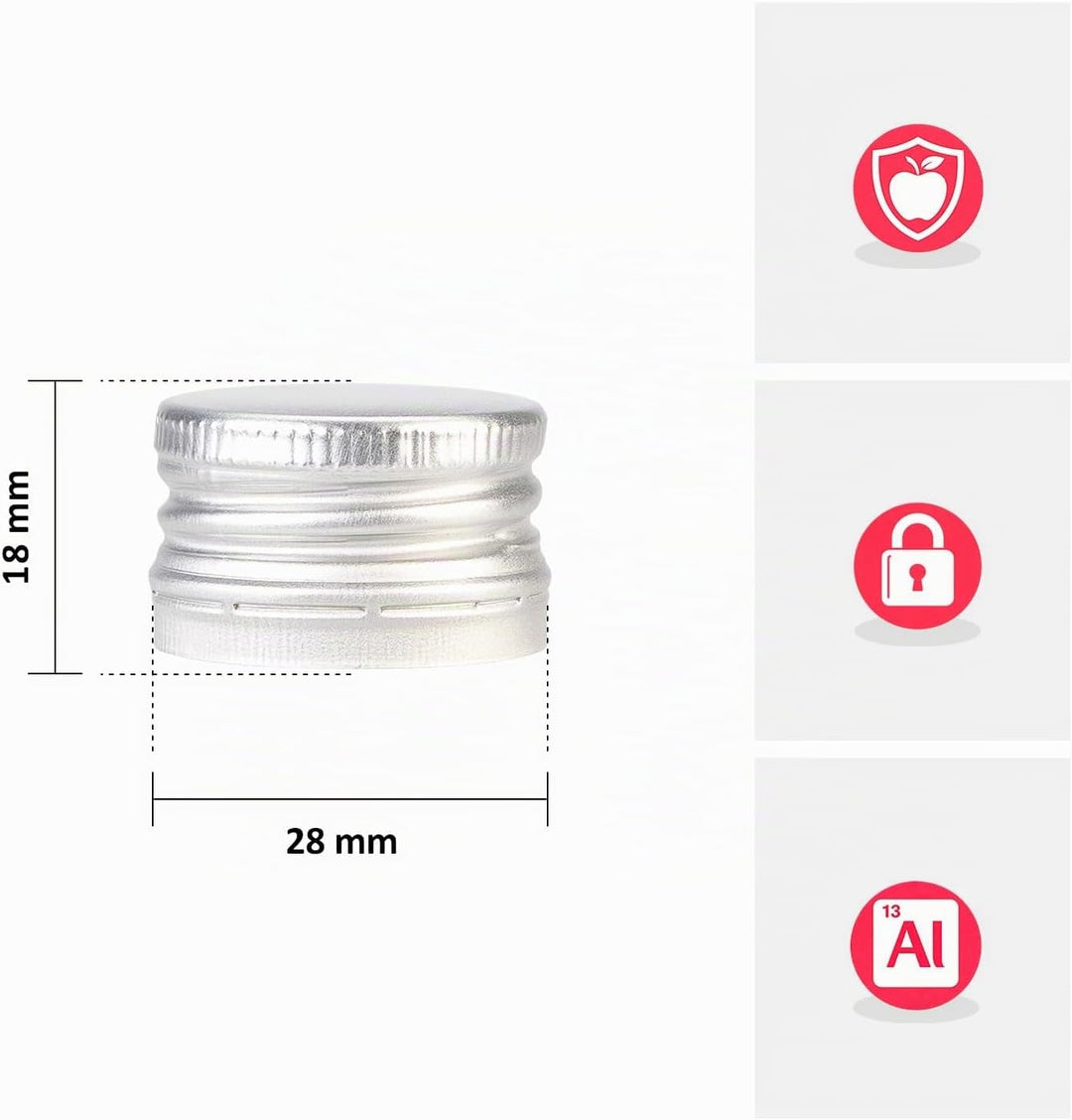 100 Stück Aluminium Schraubverschluss 28/18 mm Silber – Dicht, wiederverwendbar, Flaschenverschluss