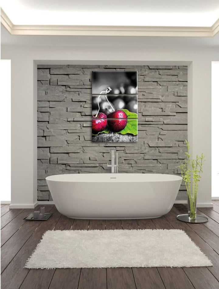 Pixxprint Tautropfen auf leckeren Kirschen schwarz/weiss 3-Teiler Leinwandbild 120x80 Bild auf Leinw