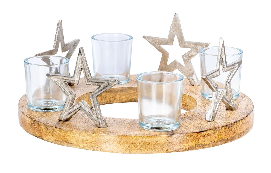 levandeo Adventskranz ø30cm Mango Holz Silber Natur Kerzenhalter Sterne Weihnachten Teelichthalter W