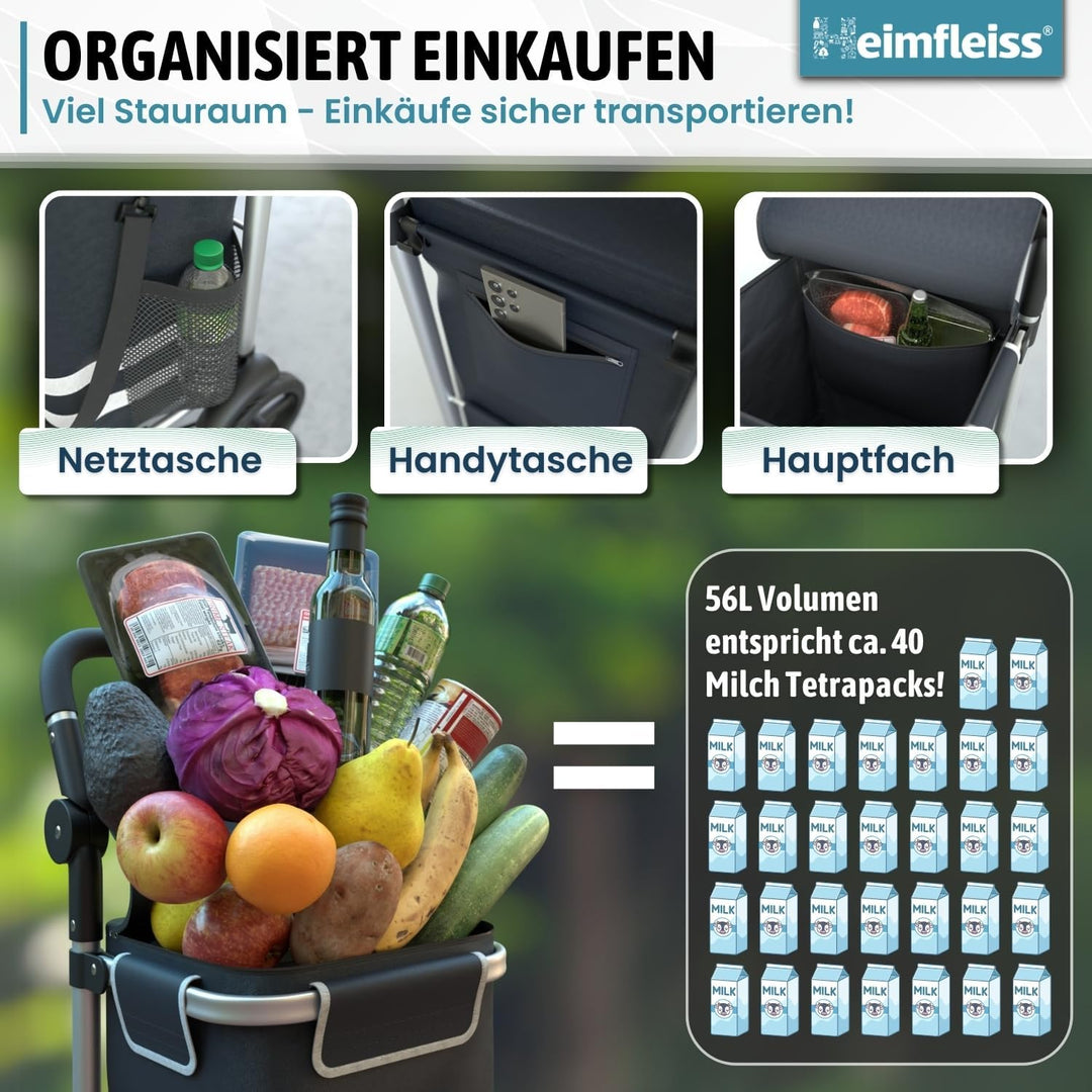 Heimfleiss® Einkaufstrolley klappbar mit 56L Volumen | Einkaufswagen klappbar mit 50kg Traglast | Le