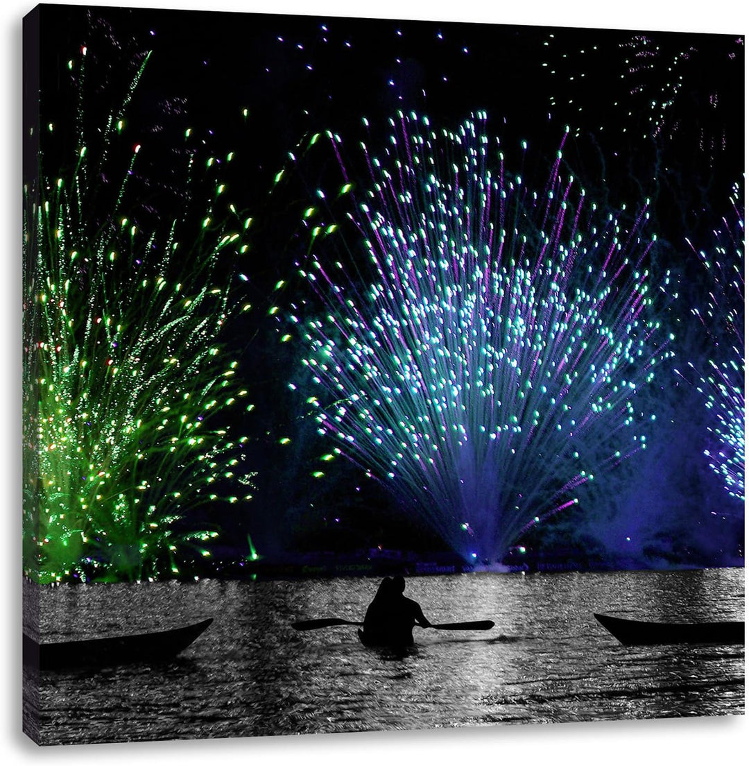 Pixxprint Feuerwerk auf dem Wasser / 70x70cm Leinwandbild bespannt auf Holzrahmen/Wandbild Kunstdruc