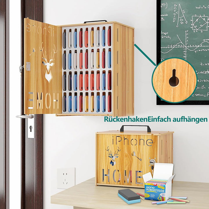 Handy Schrank Abschliessbarer Handy Safe aus Holz 36 Schlitze Wandmontierte Handy aufbewahrungsbox,