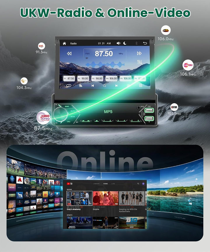1 DIN Wireless Carplay Autoradio mit 7-Zoll manuell versenkbarem Touchscreen, Single Din Bluetooth R