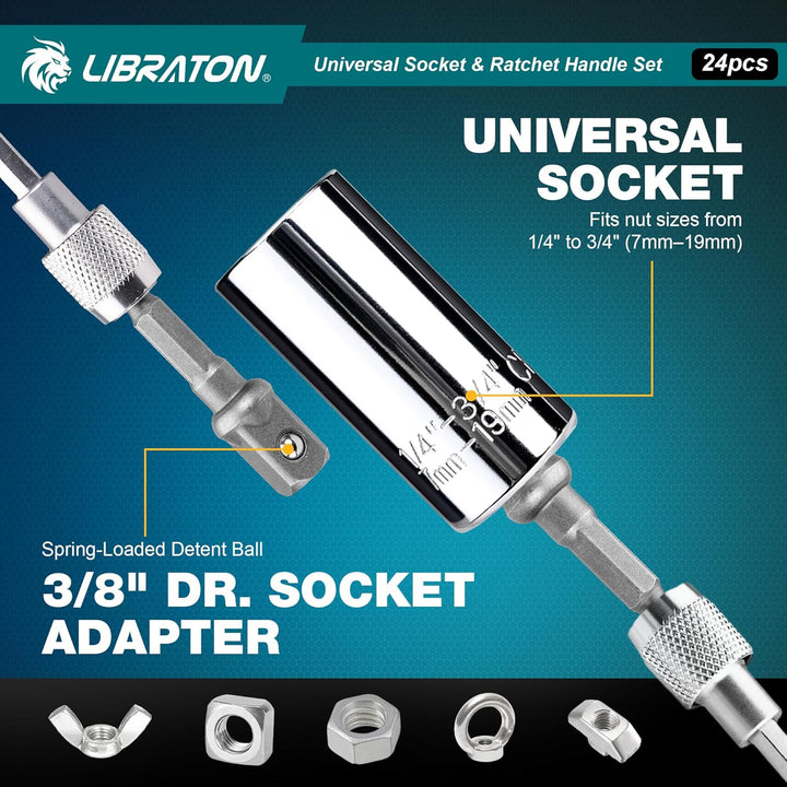 LIBRATON 24-tlg. 1/4" Drive T-Griff Ratsche & Universalschlüssel, Bitsatz, Steckschlüssel adapter Ad
