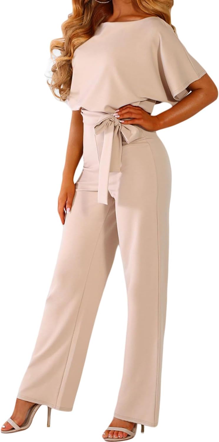 Coloody Damen Lang Jumpsuit Overall Hosenanzug Elegant Romper Kurzarm Rundhals Playsuit mit Gürtel H
