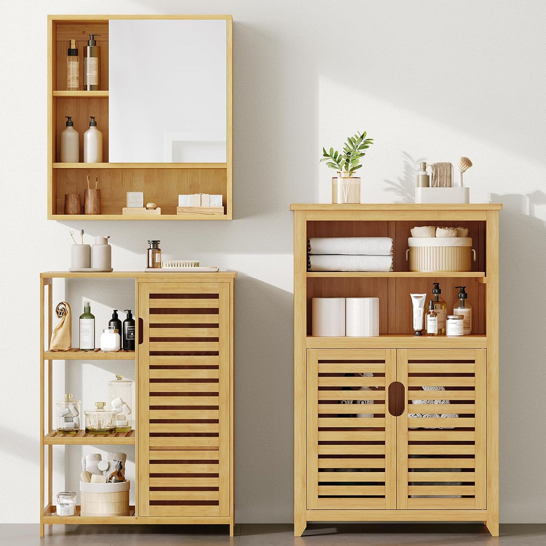 VIAGDO Badezimmerschrank Bambus, Badschrank mit 2 offenen Fächern und 2 Lamellentüren, Küchenschrank