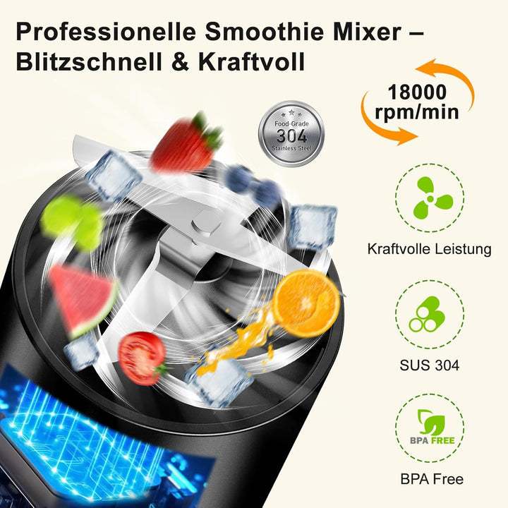 Tragbarer Mixer Smoothie Maker to go, 500ml Smoothie Mixer mit 4 Rostfreien Klingen Zerkleinert Eis