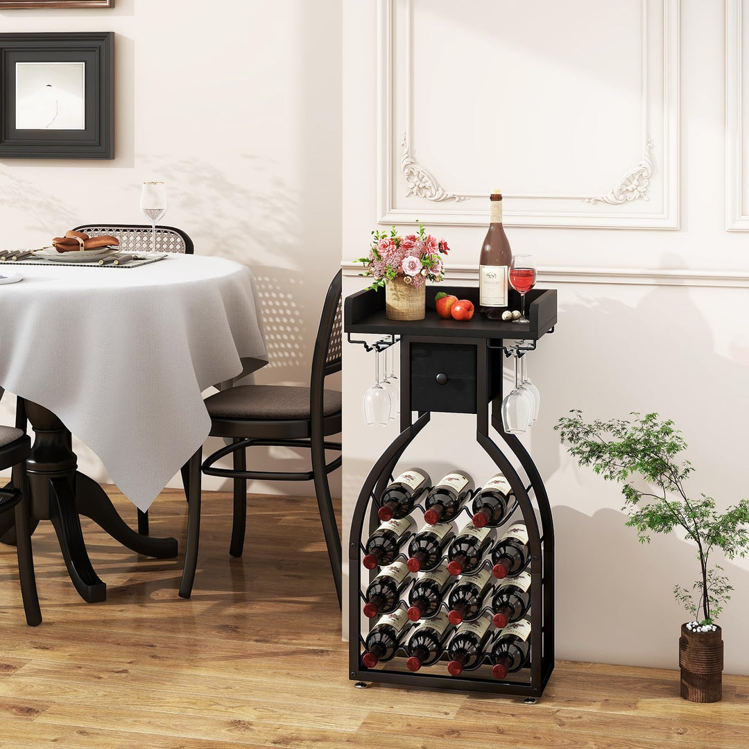 IBUYKE Weinregal Freistehend für 15 Flaschen,Flaschenregal mit Glashaltern und Speicher Schublade,Mi