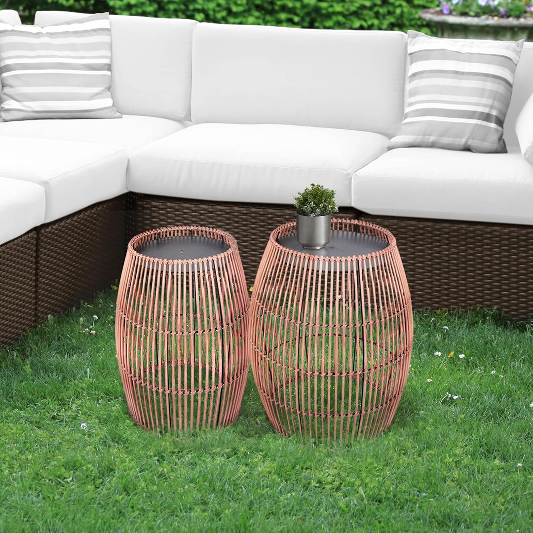 Teamson Home Gartenmöbel, Kleiner Runder Patio Beistelltisch Pflanzenständer aus Bambus Wicker mit M