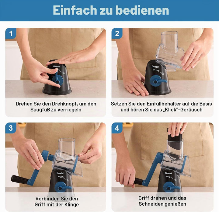 Geedel Käsereibe, Reibe für Gemüse, Gemüseschneider Trommelreibe mit kurbel | 5 Edelstahlklingen, 12
