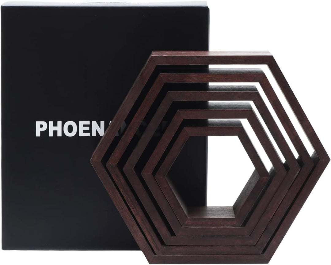 PHOENANCEE Hexagon Wandregal, Wohnzimmer Deko Wand, Holz Hängeregal für Schlafzimmer, 5er-Set(Dunkle
