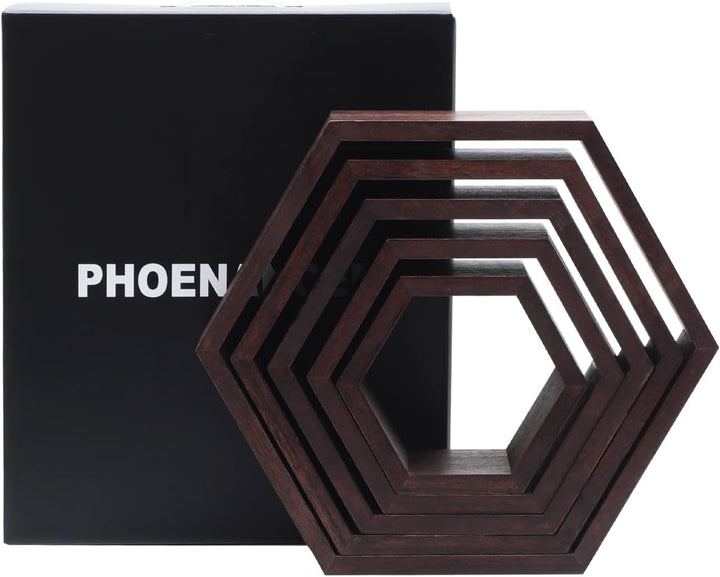 PHOENANCEE Hexagon Wandregal, Wohnzimmer Deko Wand, Holz Hängeregal für Schlafzimmer, 5er-Set(Dunkle