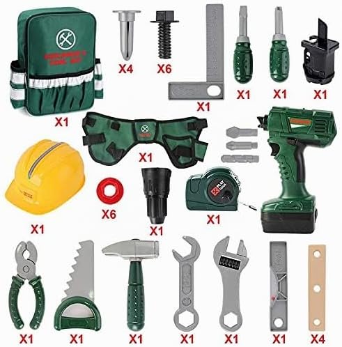 deAO Werkzeugkoffer Kinder, Werkzeug Spielzeug Set mit Elektrische Bohrmaschine, Rucksack, Helm und