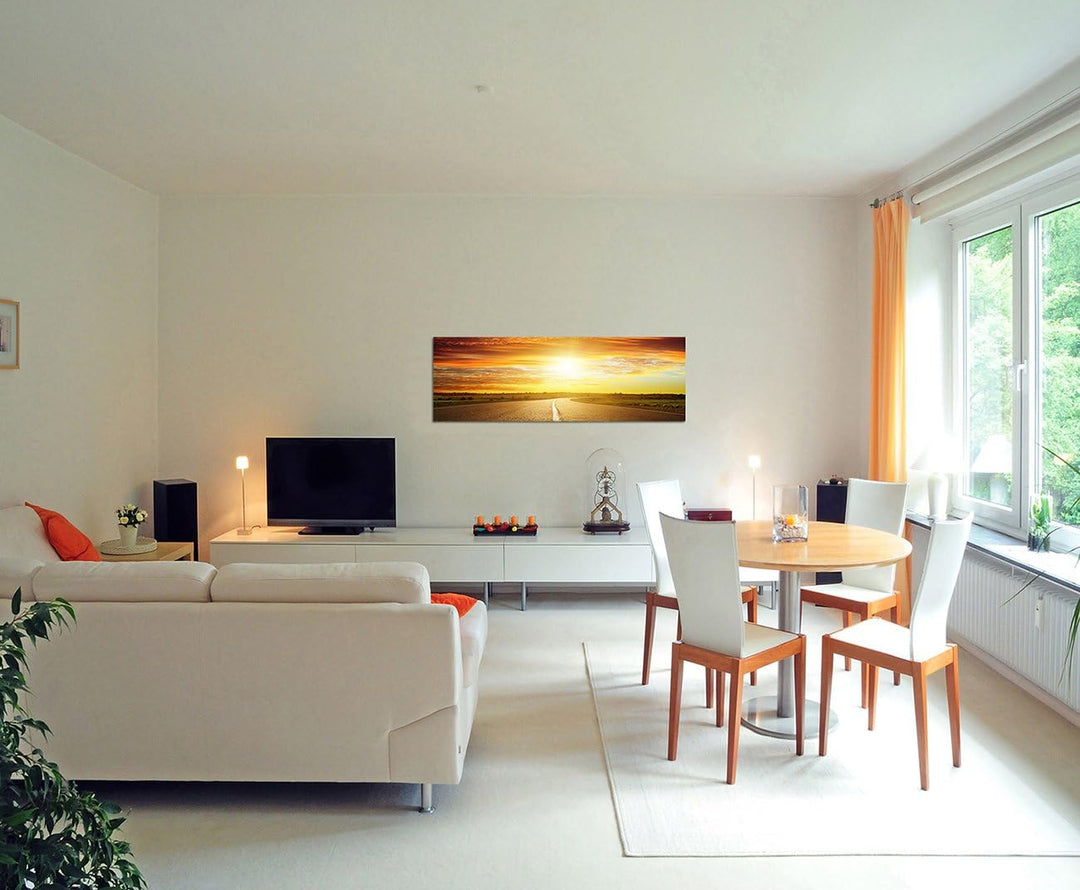 Paul Sinus Art Panoramabild auf Leinwand und Keilrahmen 150x50cm Landschaft Strasse Sonnenuntergang