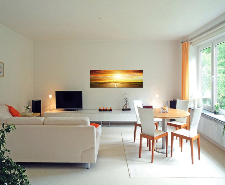 Paul Sinus Art Panoramabild auf Leinwand und Keilrahmen 150x50cm Landschaft Strasse Sonnenuntergang