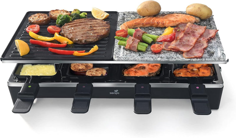 SENYA 4in1 Raclette, Grill, Pfannkuchen, Kochstein, 8 Personen, Antihaftbeschichtung, 1500W, Chesse