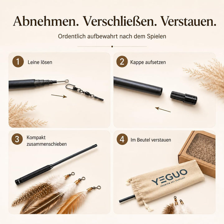 YEGUO Katzenangel stabil & lang (142cm) - Interaktives Katzenspielzeug Angel Set aus Carbon mit 6 Na
