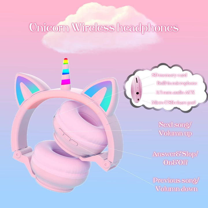 Einhorn Kopfhörer Bluetooth, Kabellos Over-Ear Headset mit LED-Beleuchtung, Stereo Sound, Mikrofon.