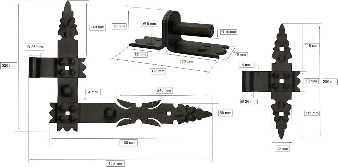 KOTARBAU® Winkelband Geschmiedet 400x300 mm Satz 2x Scharnier + Kloben und Mittelband Komplet Satz f