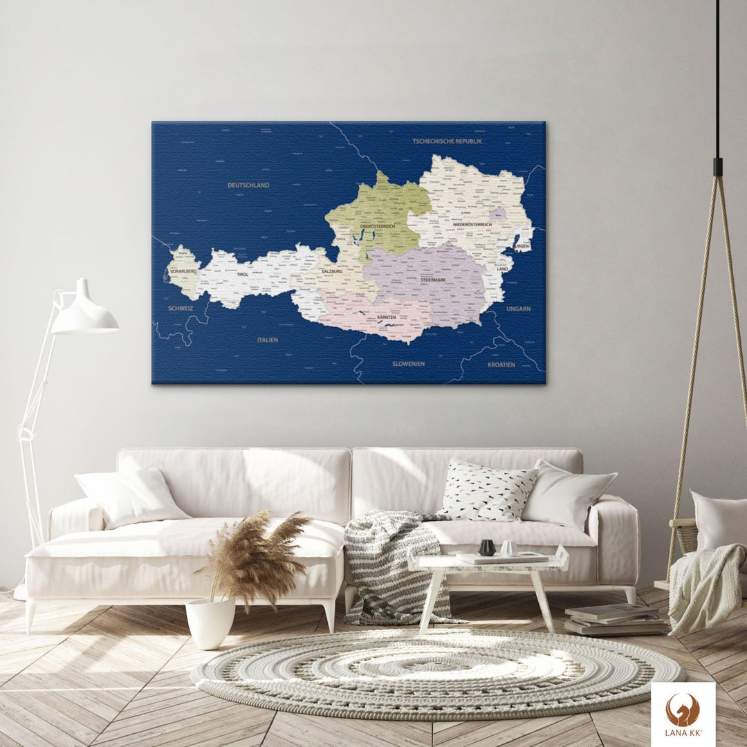 Leinwandbild - Österreichkarte Blau - 80 x 60 cm, Premium Qualität, Deutsch Blau 80 x 60, Blau 80 x