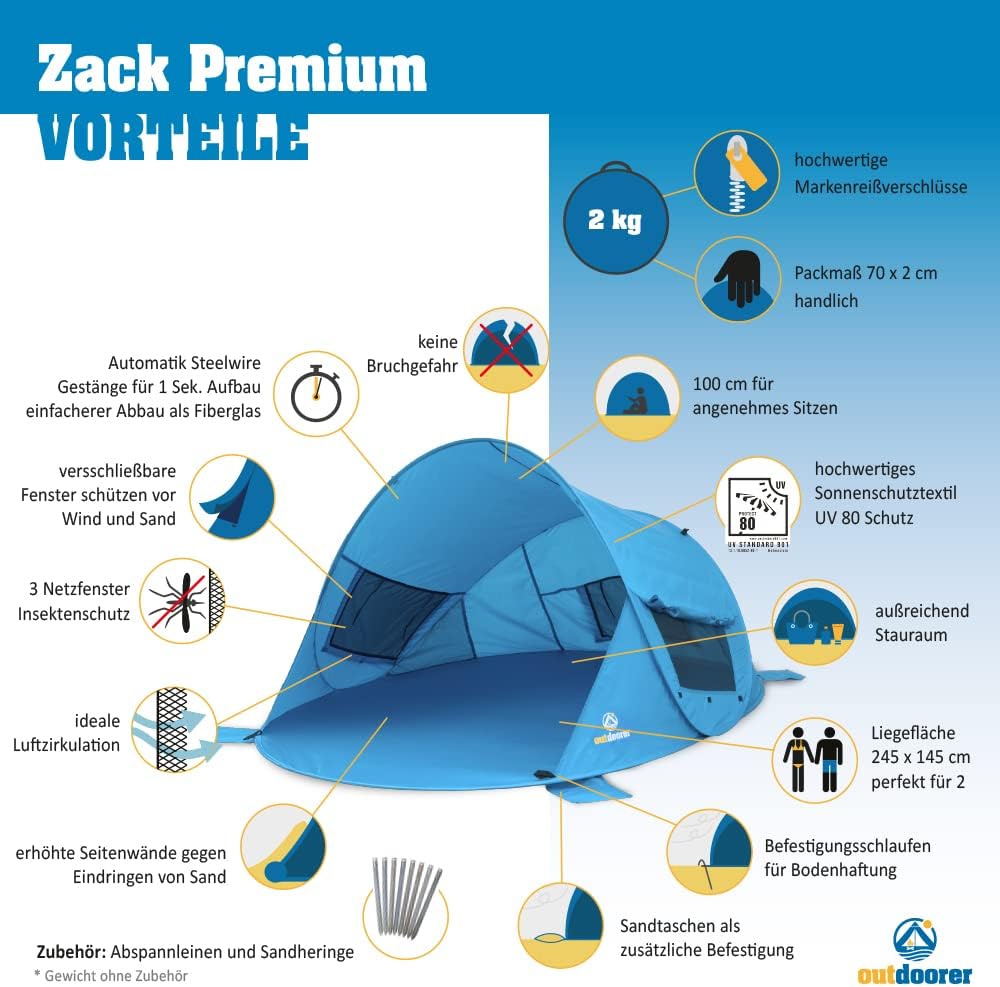 outdoorer Pop up Strandmuschel Zack Premium - Wurfmuschel mit UV 80 Sonnenschutz, Strandzelt, Windsc