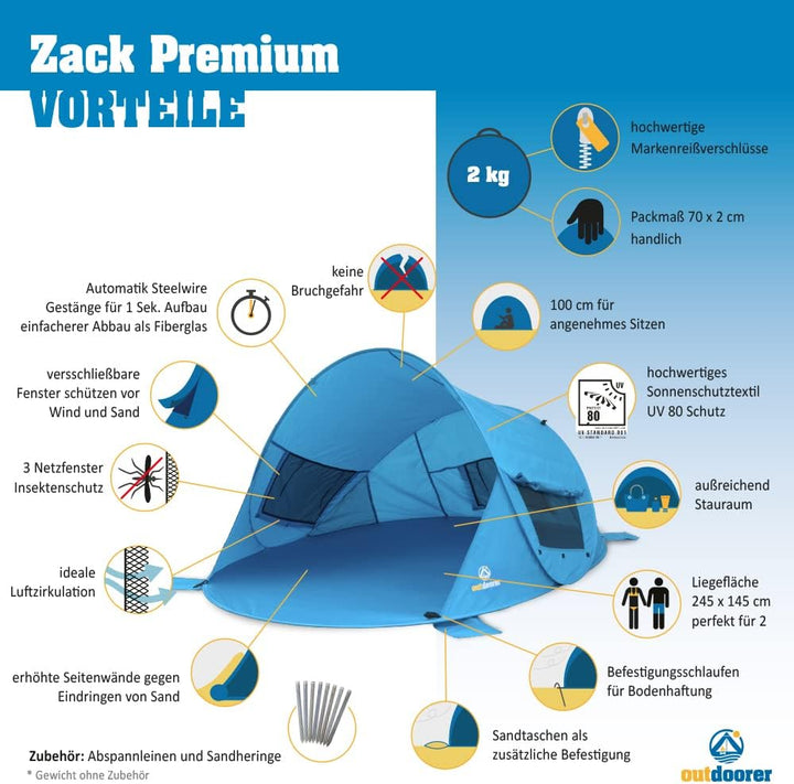 outdoorer Pop up Strandmuschel Zack Premium - Wurfmuschel mit UV 80 Sonnenschutz, Strandzelt, Windsc