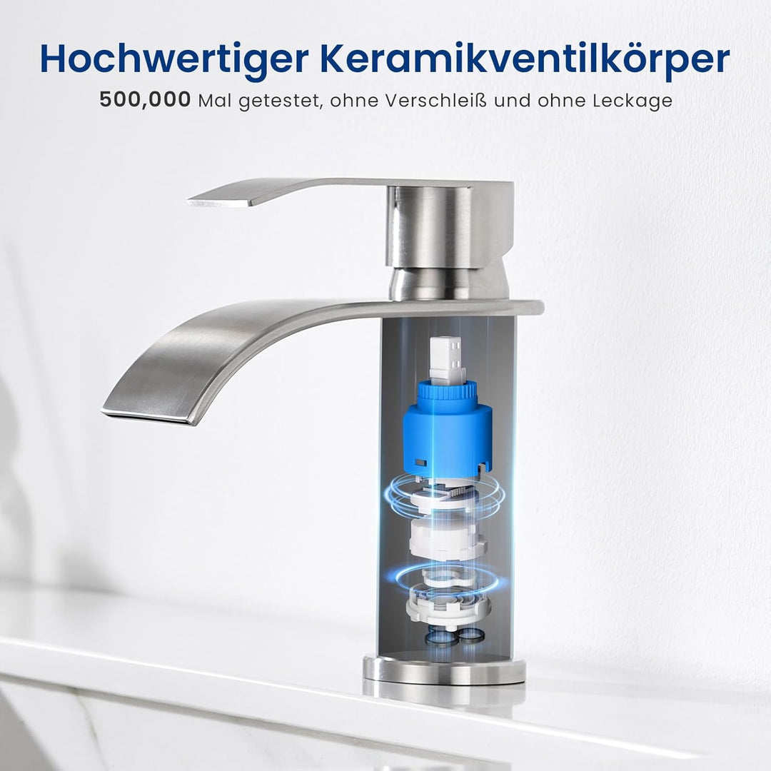 CECIPA Wasserhahn Bad Gebürstet, Edelstahl Waschtischarmatur mit Auslauf Höhe 86 MM, Waschbecken Arm