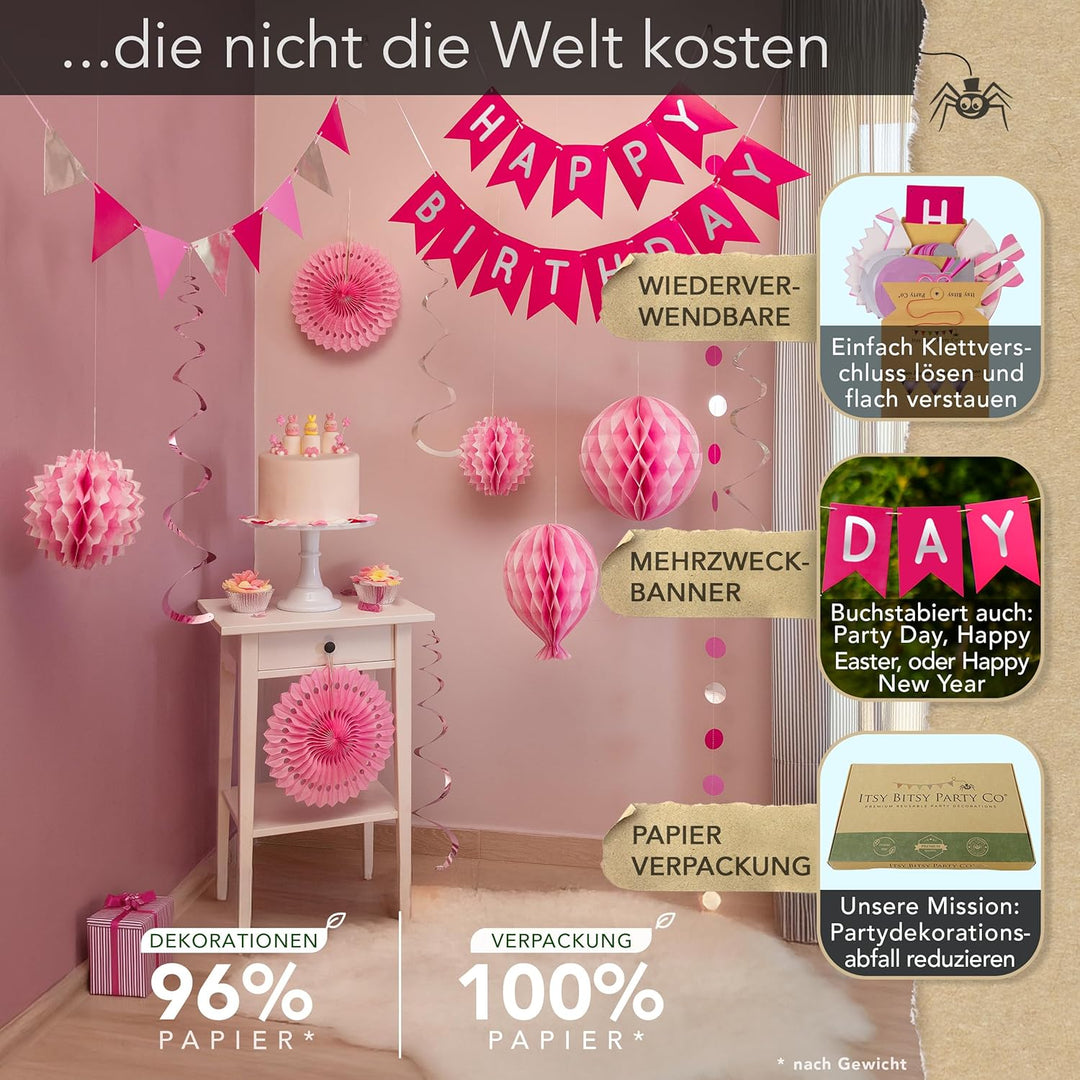 Premium Wiederverwendbare Geburtstagsdeko Rosa - Deko Geburtstag Mädchen Frau - Klettbefestigungen -