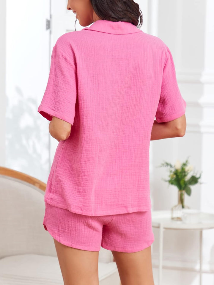 Famulily 100% Baumwolle Damen Schlafanzug Kurz Set V Ausschnitt Kurzarm Bluse mit Knöpfen und Shorts