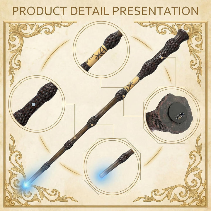 Dumbledore Zauberstab mit Licht, 38CM USB Aufladung Zauberstab Dumbledore mit Halter, Zauberspruch-K
