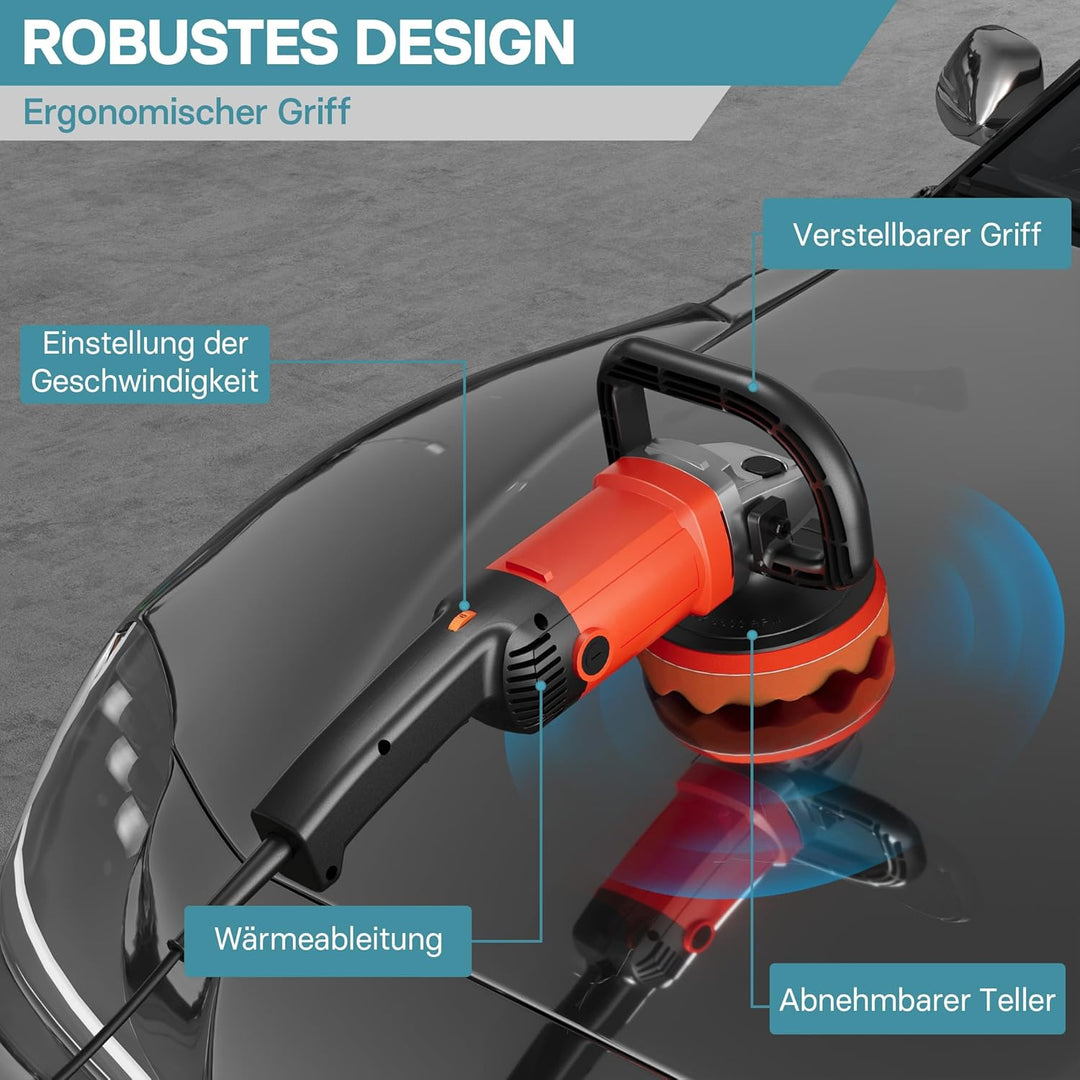 Wiltec Auto Poliermaschine Schleifmaschine 1200W bis 3000 U/min, Poliergerät mit 6 Stufen, mit Zubeh