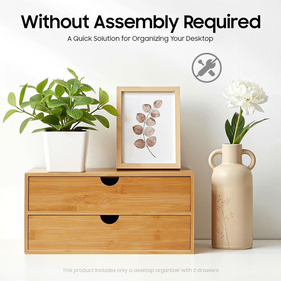 Schubladenbox, Schreibtisch Organizer 2 Schubladen Bambus, Naturbelassener Desktop Organizer 33x19x1