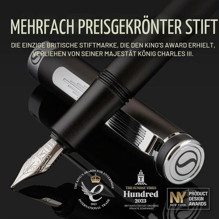 Scriveiner Luxus EDC Füllfederhalter (Mittel), Taschenfüller mattschwarz, verchromt, deutsche Schmid