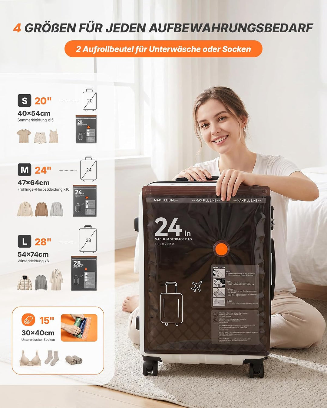 Vakuumbeutel mit kabelloser Elektropumpe – 20 Stück (8*54x40, 8*64x47, 4*74x54cm) , platzsparende Va
