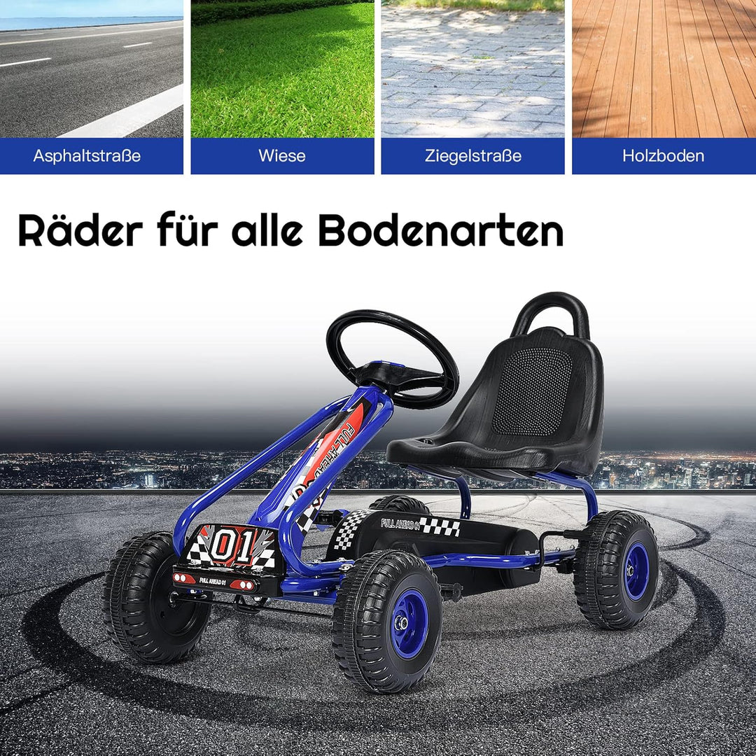 DREAMADE Gokart mit Handbremse & verstellbarem Sitz, Tretauto Tretfahrzeug mit geschlossenem Kettenk