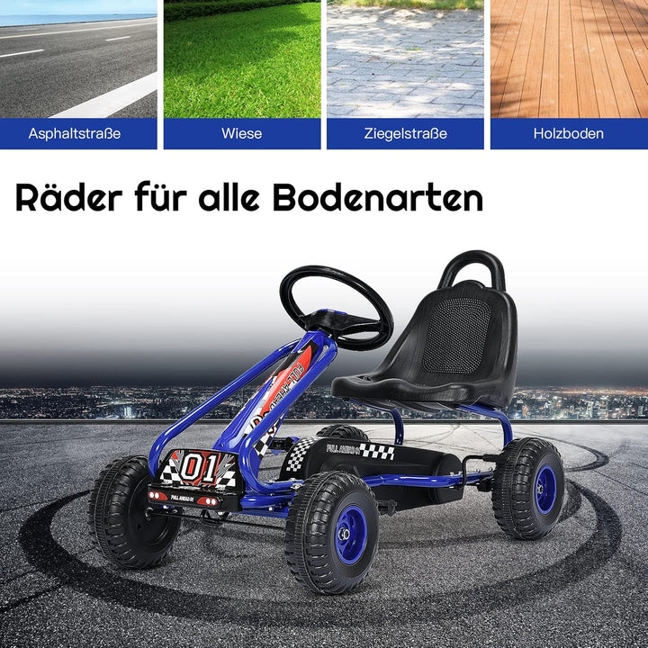 DREAMADE Gokart mit Handbremse & verstellbarem Sitz, Tretauto Tretfahrzeug mit geschlossenem Kettenk