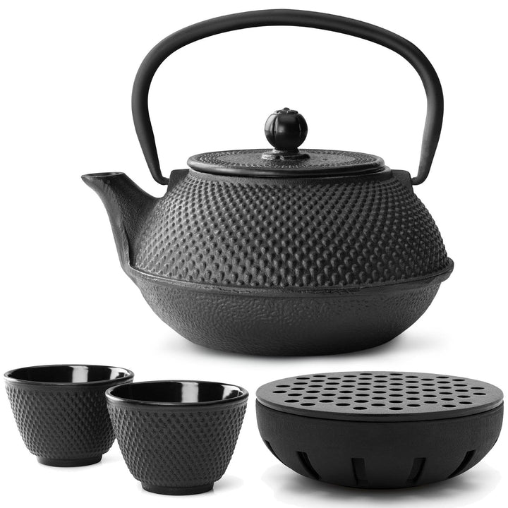 Teekanne asiatisch Gusseisen Set schwarz 0.8 Liter Teekessel mit Henkel & Edelstahl Tee-Filter-Sieb-