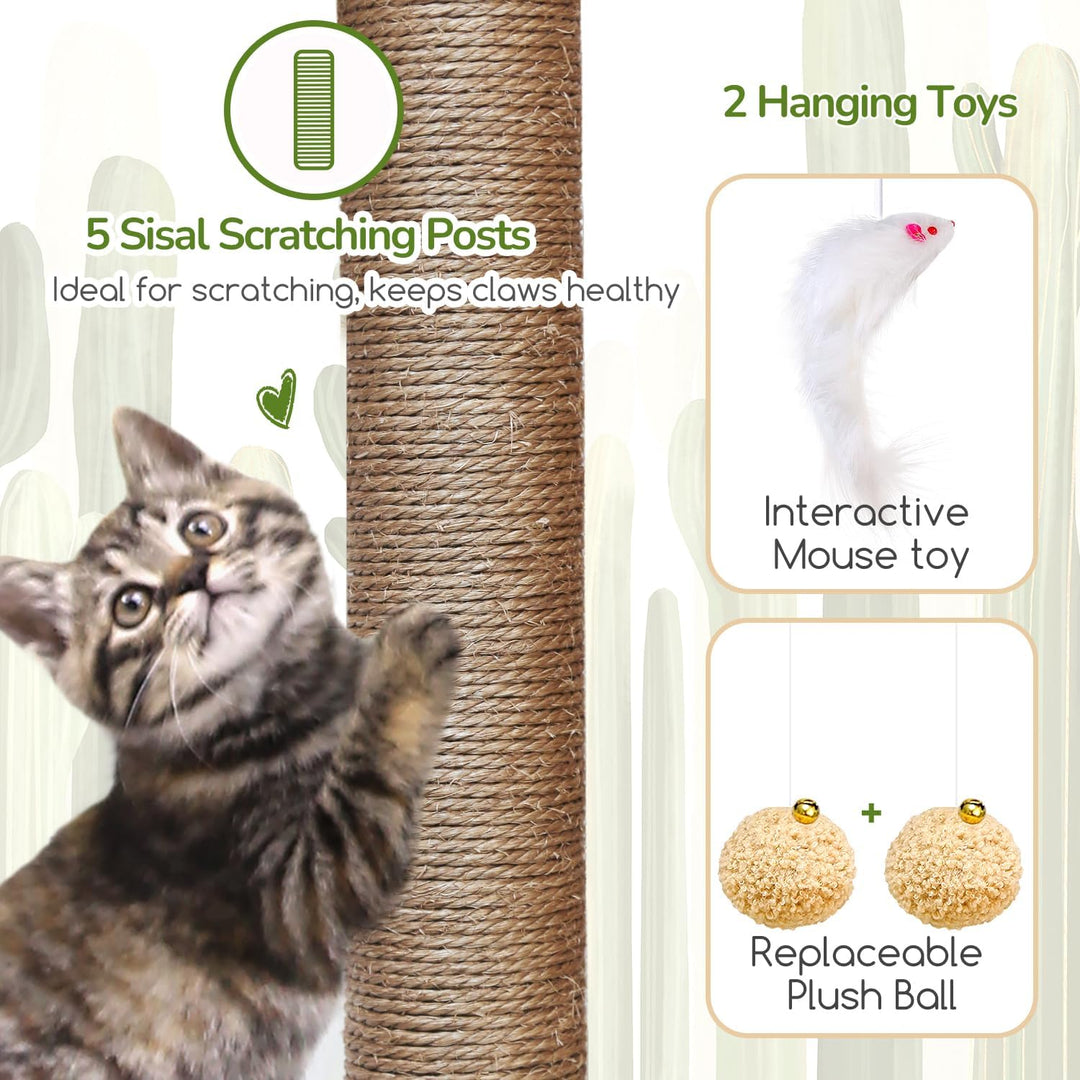 Globlazer Kratzbaum Kaktus Grün mit 2 Katzenhaus, Grosse Gepolsterte Plattform, Sitzstangen, Katzenk
