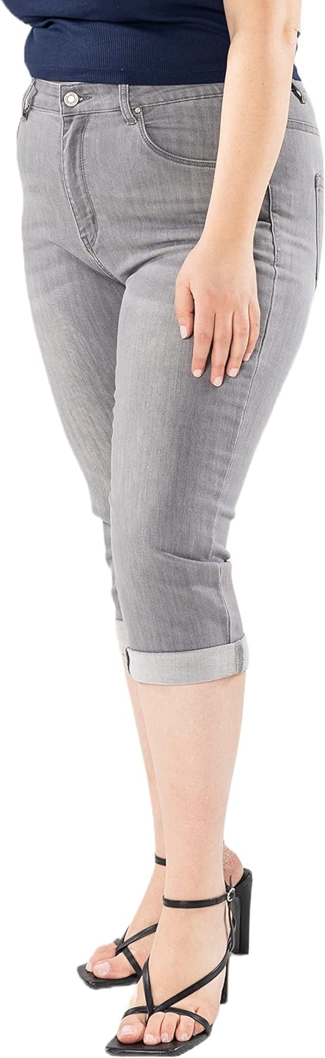 P200 Damen Capri Jeanshosen Grosse Grössen HIGH Waist Jeans Sommer Hose Used-Look, 42 Große Gr&