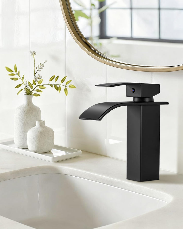 kisimixer Wasserhahn Bad Schwarz, Wasserfall Waschtischarmatur mit Auslauf Höhe 105 mm, Einhebelmisc