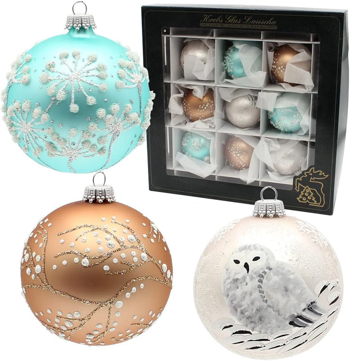 Dekohelden24 Lauschaer Christbaumschmuck - 9er Set Glaskugeln in Bronze, Türkis und Silber, mundgebl