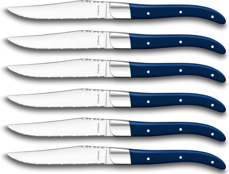 Amefa Lou Laguiole Steakmesser-Set 6-teilig | Griffe Blau | Mikro-Wellenschliff mit langanhaltender
