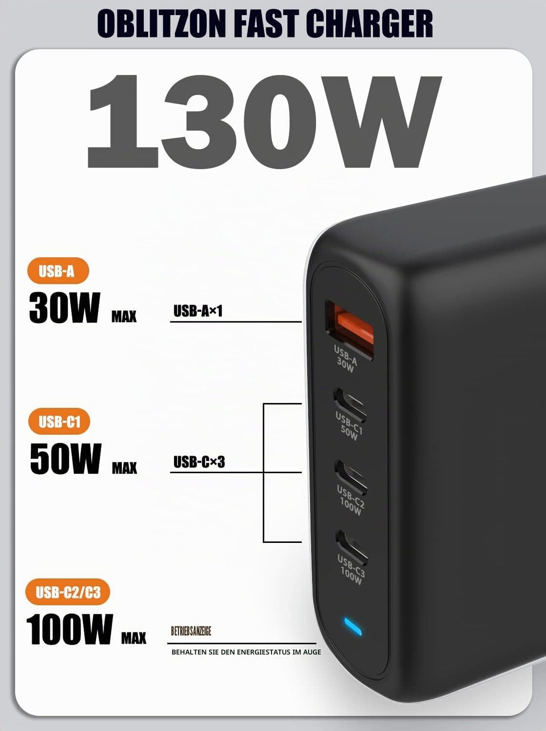130W USB C Ladegerät, Type C PD 100W+QC 30W PPS GaN Netzteil mit 100W Schnellladekabel 4-Port USB C