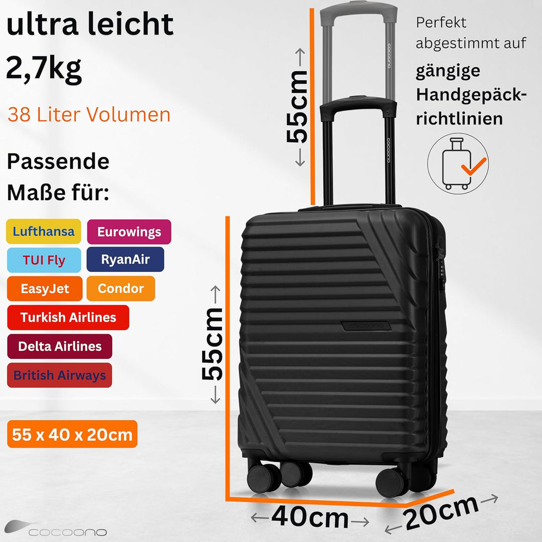 Premium Handgepäck Koffer 55x40x20cm - passend für Ryanair, Lufthansa, Eurowings und co. I 38L Handg