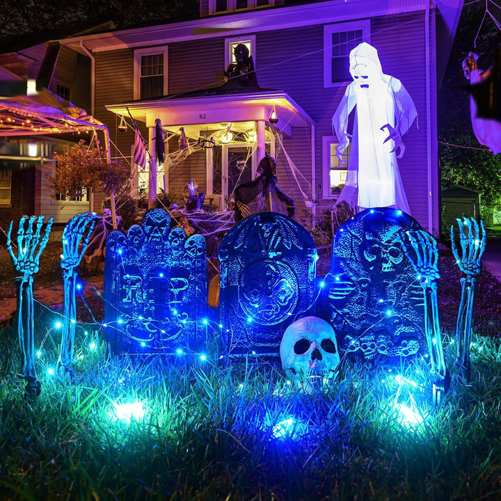 Maxee Halloween Leuchtende Skelett Totenkopf Set, 1 Totenkopf und 2 Schädel Hände mit 2 Grüne LED-Li